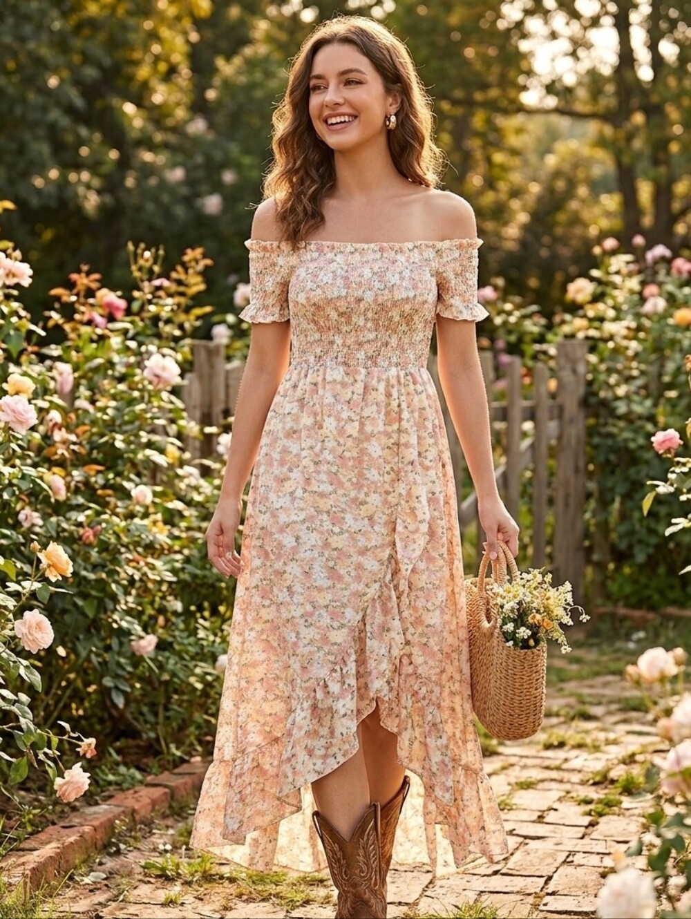 Floral Smocked Maxi Dress in Blush & Cream